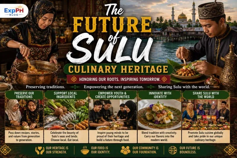 Young Tausug cooks preparing traditional Tausug food, preserving Sulu's culinary heritage with fresh ingredients and community pride, featuring the ExpPH Blog logo.