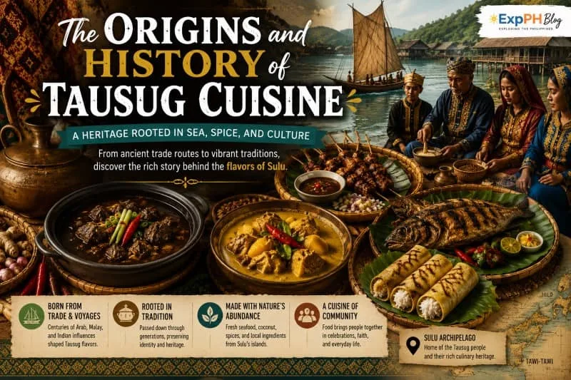 Traditional Tausug cuisine and cultural heritage in Sulu featuring Filipino Muslim families, grilled seafood, Tiyula Itum, Kulma, and historical island scenes with ExpPH Blog logo.