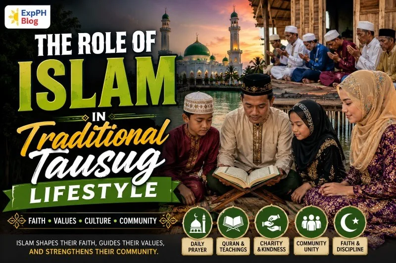 Tausug Muslim family reading the Quran beside a coastal mosque while community members pray during sunset in a traditional Filipino Muslim setting.
