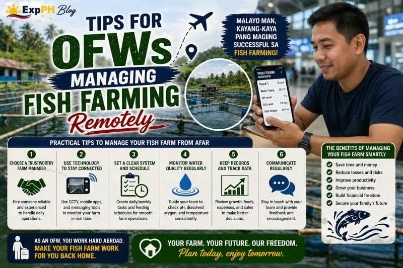 Filipino OFW monitoring fish farm remotely using mobile phone with fish ponds in the background, showing tips for managing fish farming remotely in the Philippines