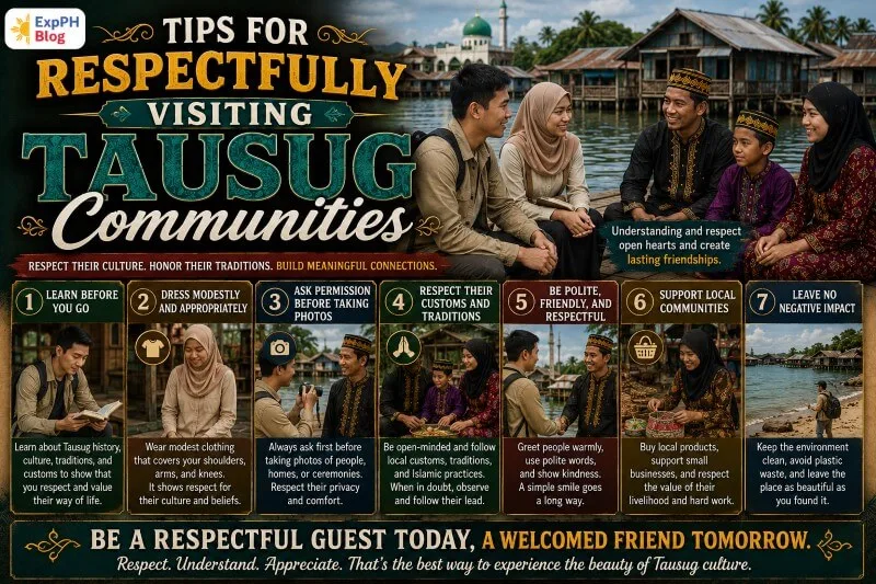 Visitors respectfully interacting with Tausug families in a Filipino Muslim coastal community while observing local traditions and cultural etiquette in Sulu.