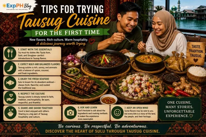 An infographic showing first-time diners enjoying a traditional Tausug feast of Tiyula Itum, Satti, and fresh seafood by the coast.