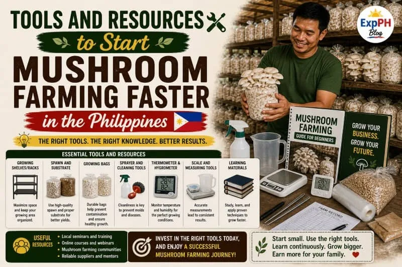 Filipino man holding oyster mushrooms inside a mushroom farm with tools like sprayer, thermometer, and fruiting bags for faster mushroom farming setup
