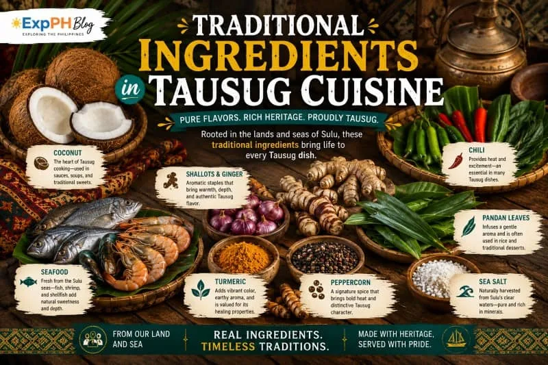 An arrangement of traditional Tausug cooking ingredients, including fresh seafood, coconut, turmeric, ginger, chili, and local spices on a woven mat.