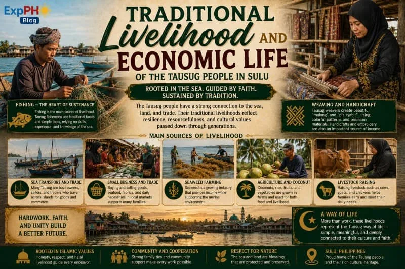 Realistic Filipino-inspired image showing traditional Tausug livelihoods including fishing, weaving, farming, seaweed cultivation, and local trade in Sulu.