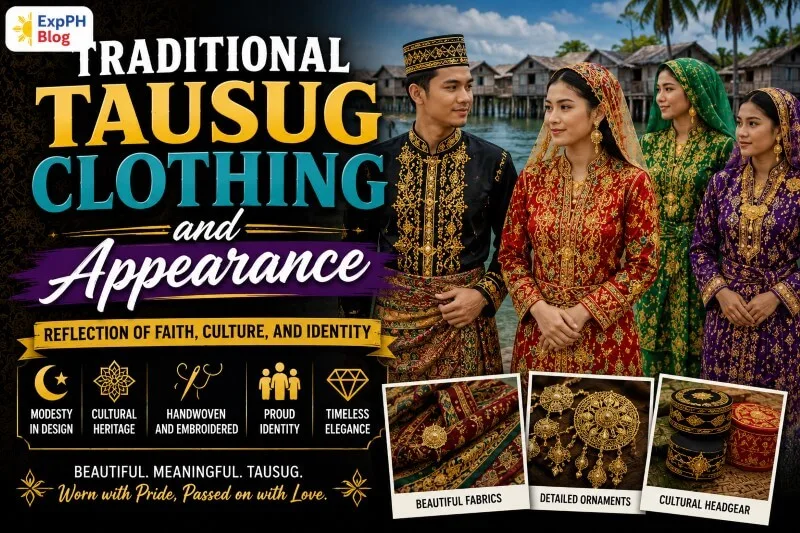 Traditional Tausug men and women wearing colorful embroidered Muslim clothing beside coastal stilt houses in a Filipino cultural community setting.
