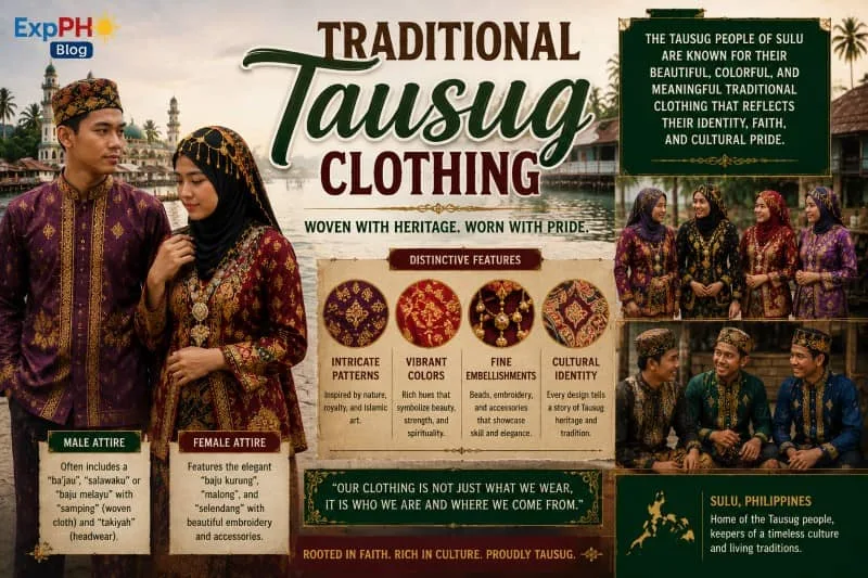 Realistic Filipino-inspired image showing traditional Tausug clothing with colorful embroidered attire, cultural accessories, and Muslim heritage in Sulu.