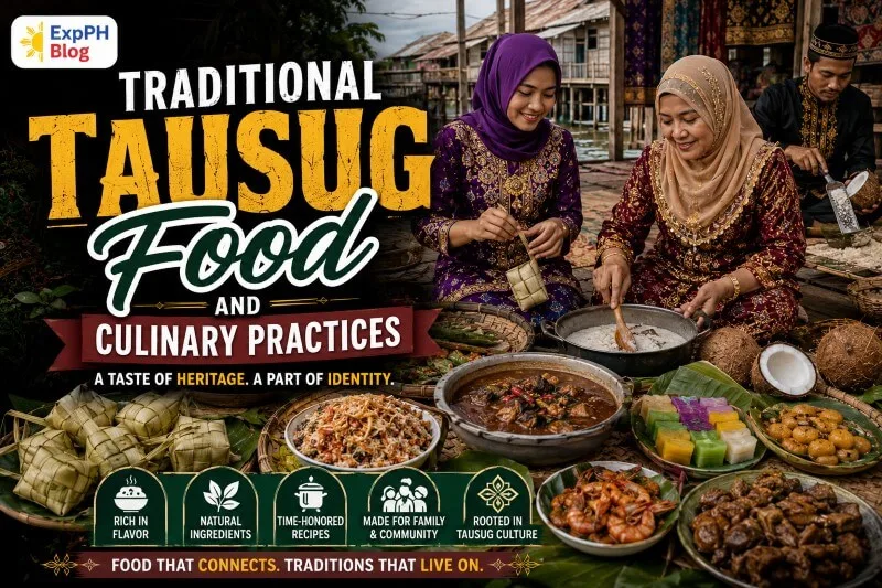 Tausug women preparing traditional Filipino Muslim dishes beside coastal stilt houses with local delicacies and cultural foods displayed on woven trays.