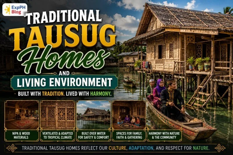 Traditional Tausug stilt houses beside coastal waters with Filipino Muslim families traveling by wooden boat in a tropical village community in Sulu.