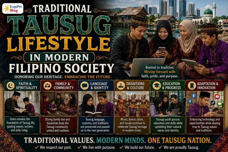 Modern Tausug family using technology while wearing traditional Filipino Muslim clothing beside coastal homes and city buildings in the Philippines.
