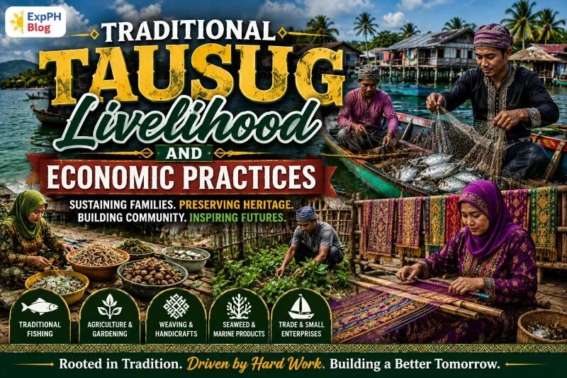Traditional Tausug fishermen, farmers, and weavers working in a coastal Filipino Muslim community beside stilt houses in Sulu.