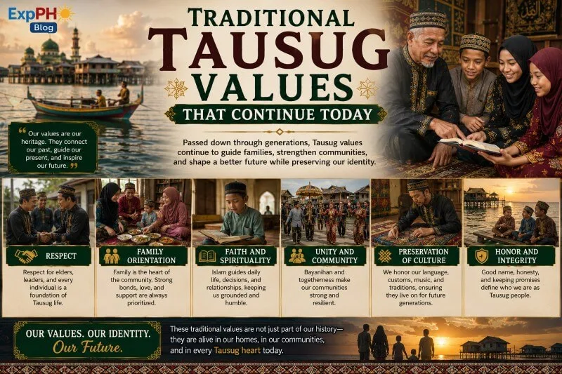Realistic Filipino-inspired image showing traditional Tausug values including family unity, faith, respect for elders, community cooperation, and cultural preservation in Sulu.
