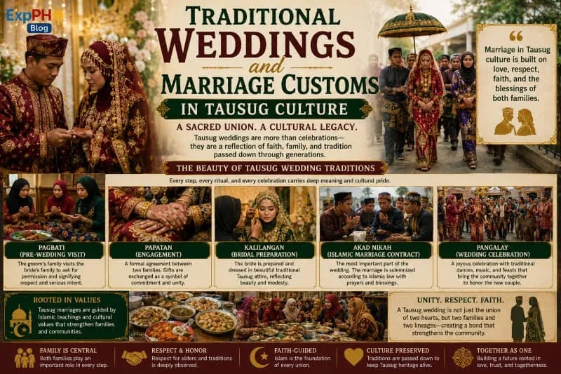 Realistic Filipino-inspired image showing traditional Tausug wedding customs, marriage ceremonies, cultural attire, and Islamic traditions in Sulu.