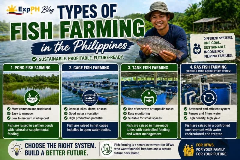 Filipino fish farmer holding tilapia beside fish ponds and aquaculture systems showing types of fish farming in the Philippines including pond, cage, and tank systems