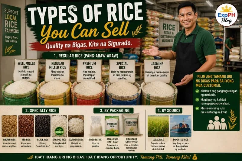 Filipino rice retailer presenting different types of rice products for sale inside a rice distribution business with ExpPH Blog logo