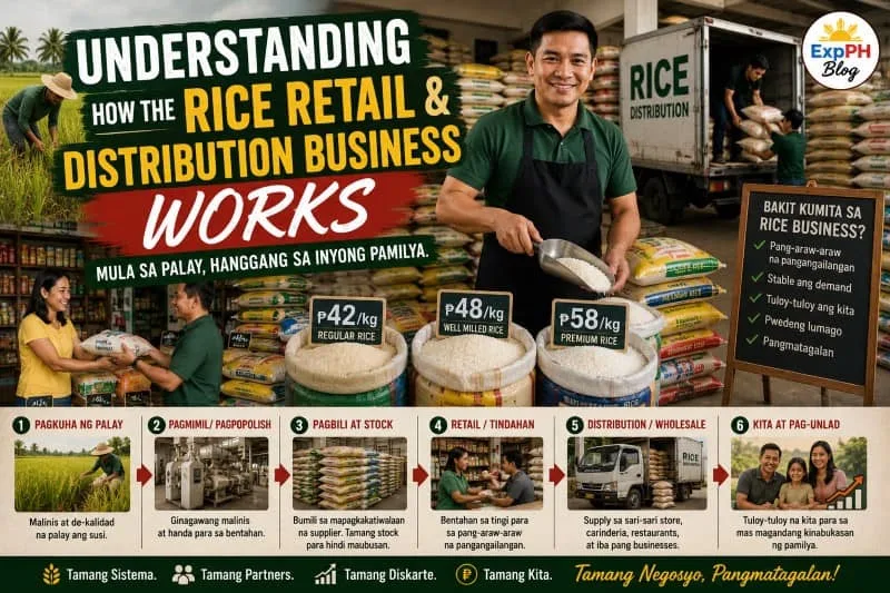 Filipino rice retailer explaining how the rice retail and distribution business works with rice products and ExpPH Blog logo