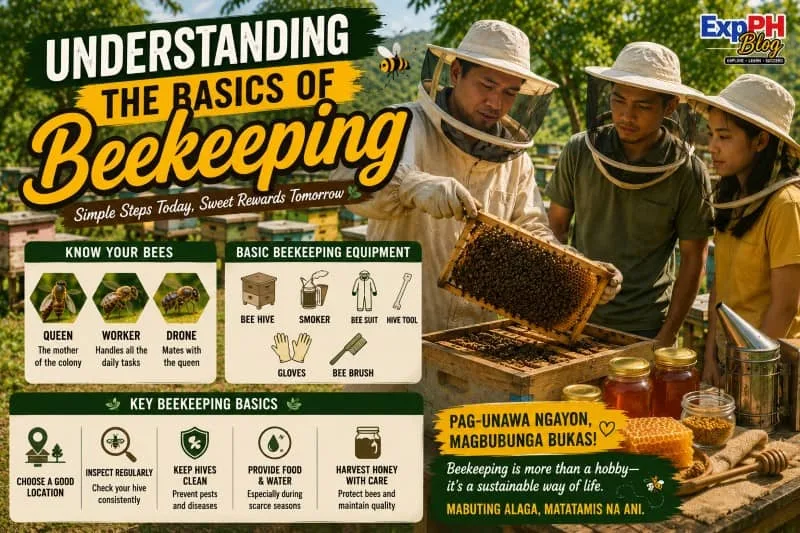 Filipino beginner beekeepers learning hive inspection and honey production beside beehives and beekeeping equipment on a rural farm in the Philippines.