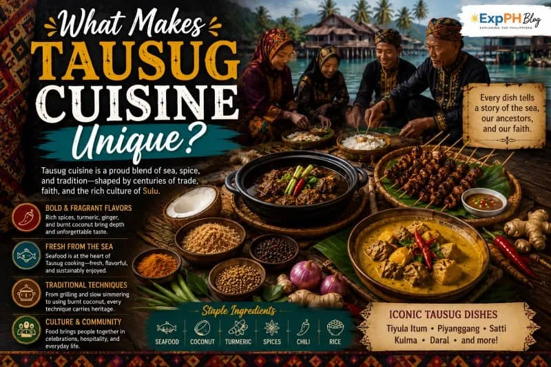 An infographic explaining what makes Tausug cuisine unique, highlighting staple ingredients like coconut and turmeric, traditional cooking techniques, and iconic dishes like Tiyula Itum and Satti.