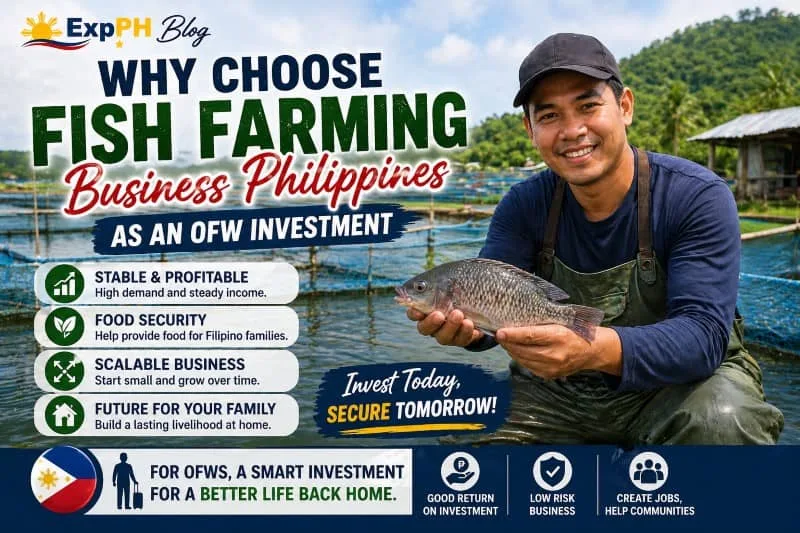 Filipino fish farmer holding tilapia in a fish farm with ponds in the Philippines, highlighting fish farming business Philippines as a smart OFW investment opportunity