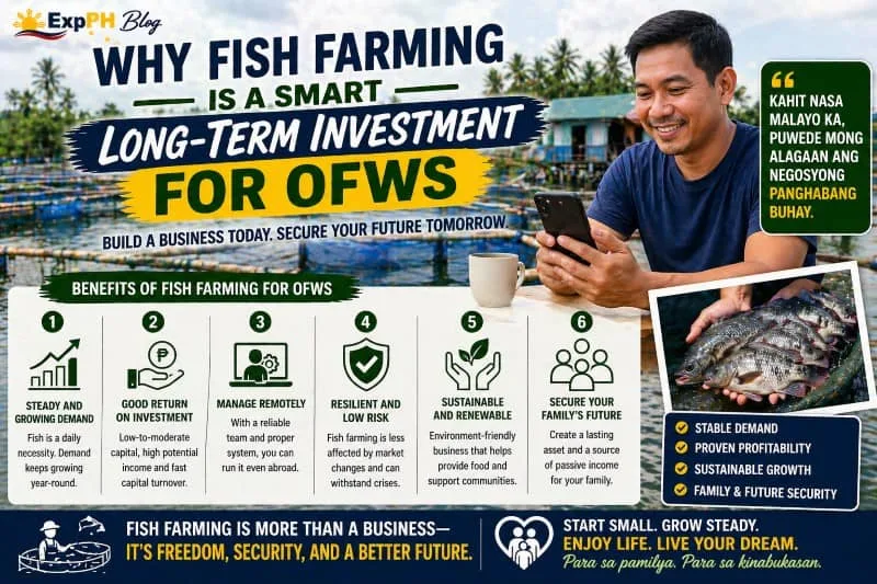 Filipino OFW using smartphone while monitoring fish farm with ponds and cages, showing why fish farming is a smart long-term investment for OFWs in the Philippines