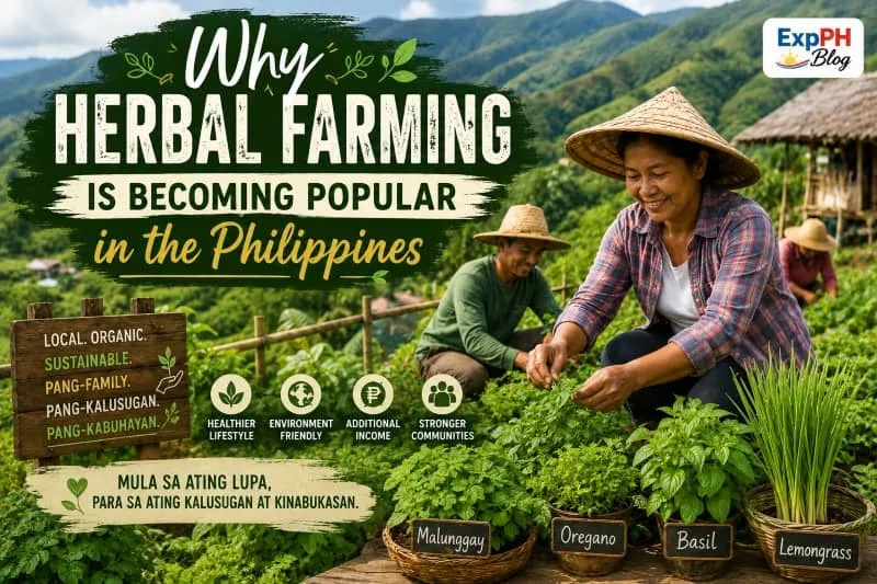 Filipino herbal farmers working in a medicinal plant garden with herbal products, healthy crops, and text about the growing popularity of herbal farming in the Philippines.