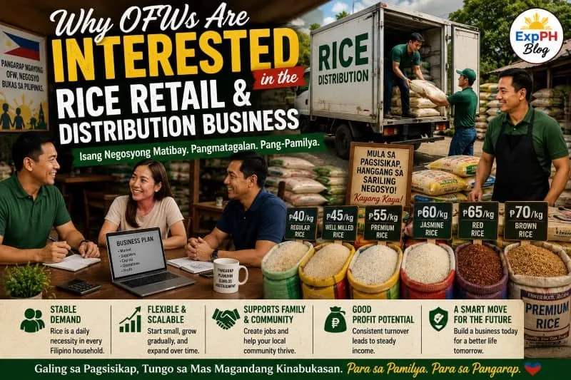 Filipino OFW family planning a rice retail and distribution business with rice products and ExpPH Blog logo in the Philippines