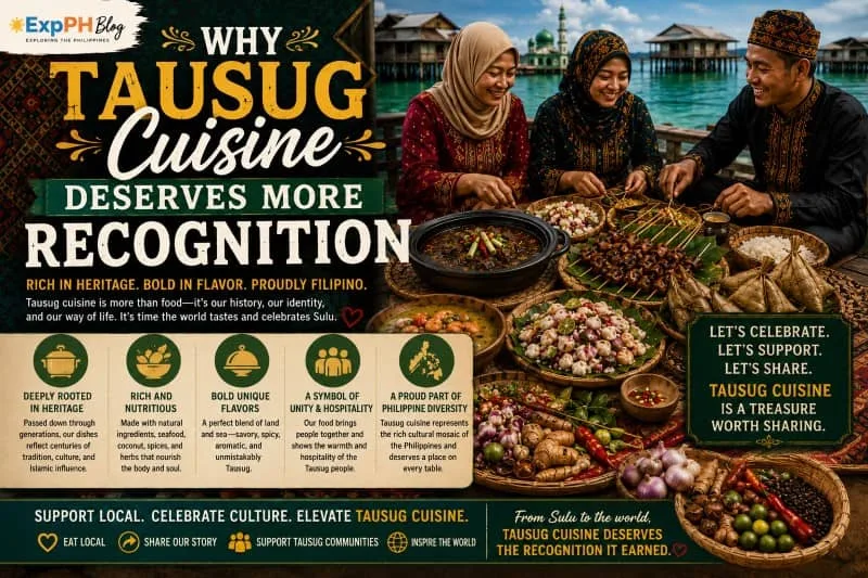 An infographic showing a Tausug family sharing a traditional feast of Tiyula Itum and seafood by the coast, celebrating the rich culinary heritage of Sulu.