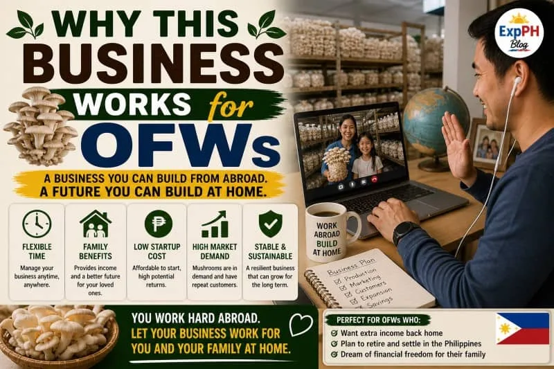 Filipino OFW using a laptop to video call family managing a mushroom farm, showing remote business management and income opportunity