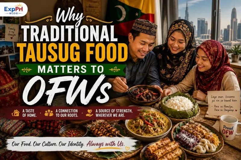 An OFW family enjoying traditional Tausug food like Tiyula Itum and Satti, celebrating their Filipino heritage abroad, featuring the ExpPH Blog logo.