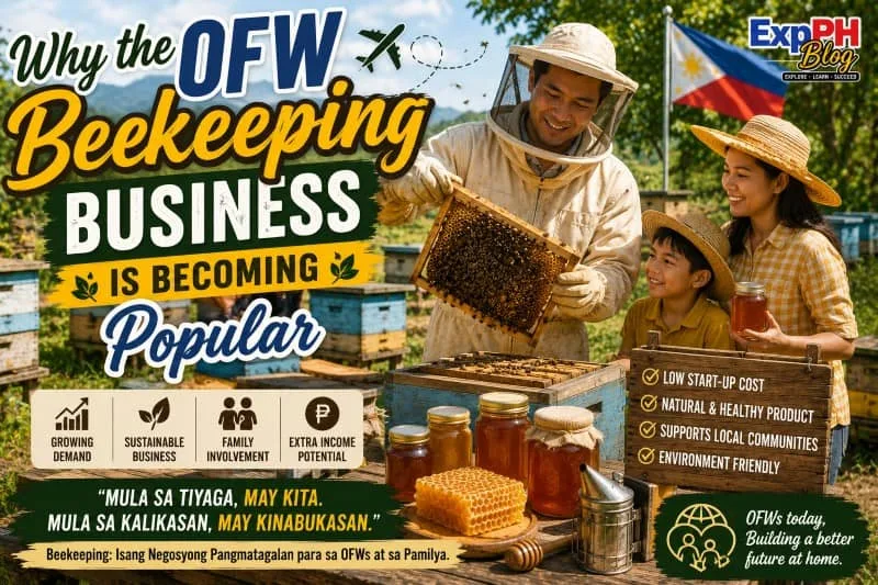 Filipino family and beekeeper inspecting honeycomb frames and honey products on a bee farm for an OFW beekeeping business in the Philippines.