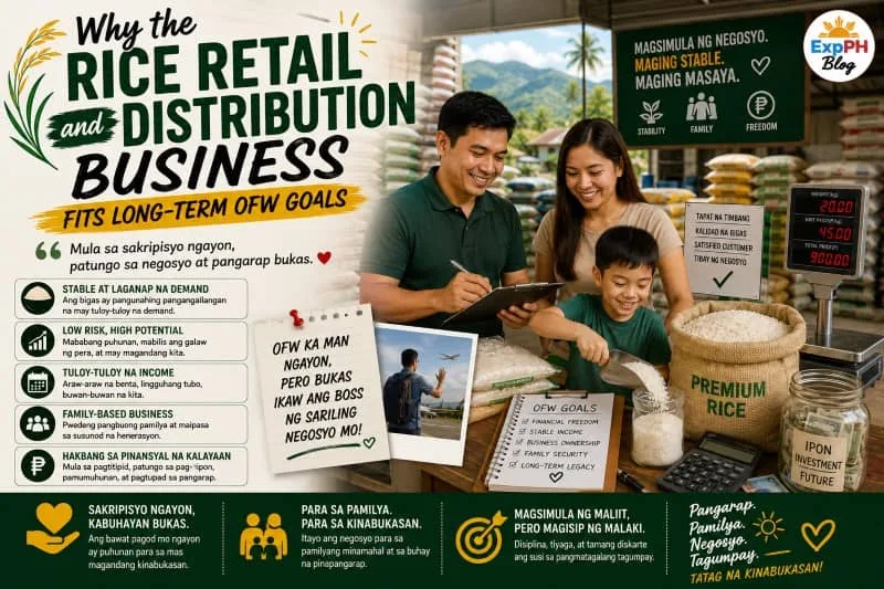Filipino OFW family planning long-term success through a rice retail and distribution business with ExpPH Blog logo