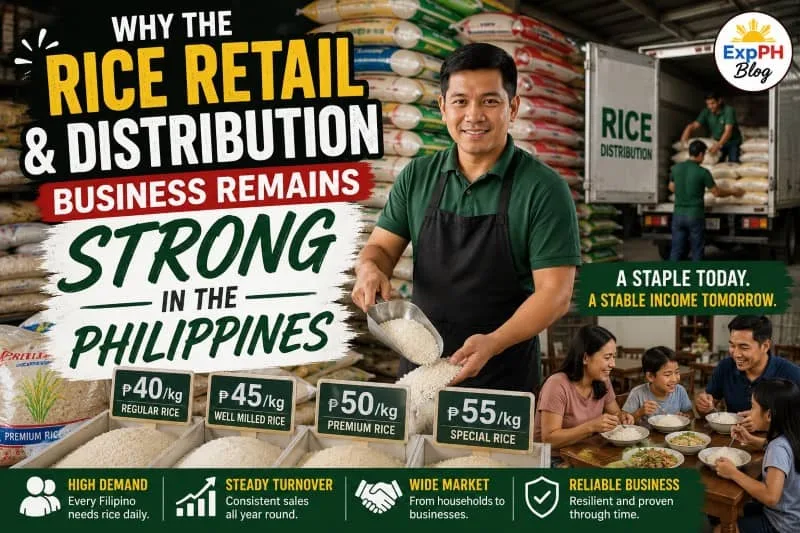 Filipino rice retailer inside a rice distribution warehouse showing strong rice business demand in the Philippines with ExpPH Blog logo