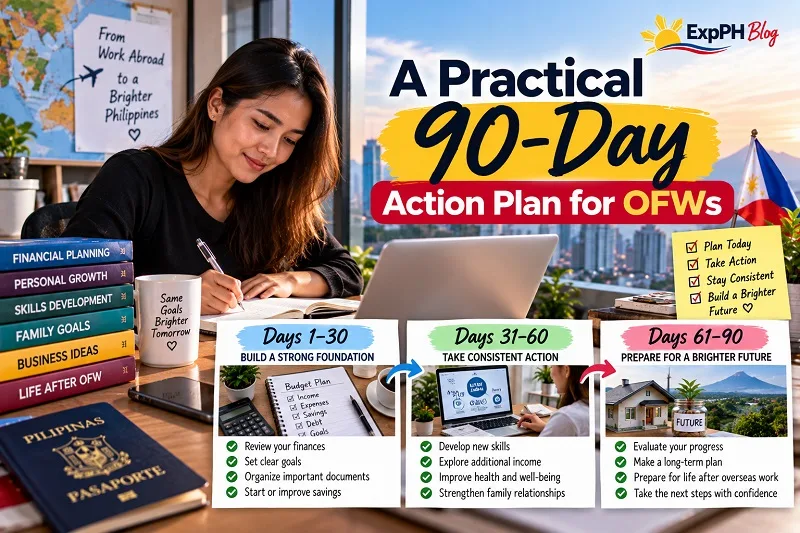 A Practical 90-Day Action Plan for OFWs, featuring a Filipina organizing finances, setting goals, developing skills, improving well-being, and preparing for life after overseas work.