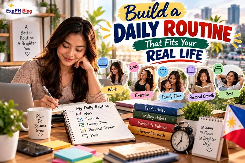 Filipina woman planning her daily routine at a home workspace with a checklist for work, exercise, family time, personal growth and rest.