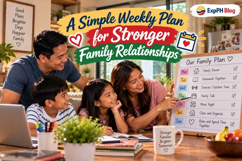 Filipino parents and their two children planning weekly family activities together using a colorful schedule board at home.