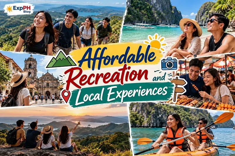 Affordable Recreation and Local Experiences featuring Filipino travelers hiking scenic trails, visiting historic churches, enjoying local street food, relaxing on tropical beaches, and kayaking for ExpPH Blog.