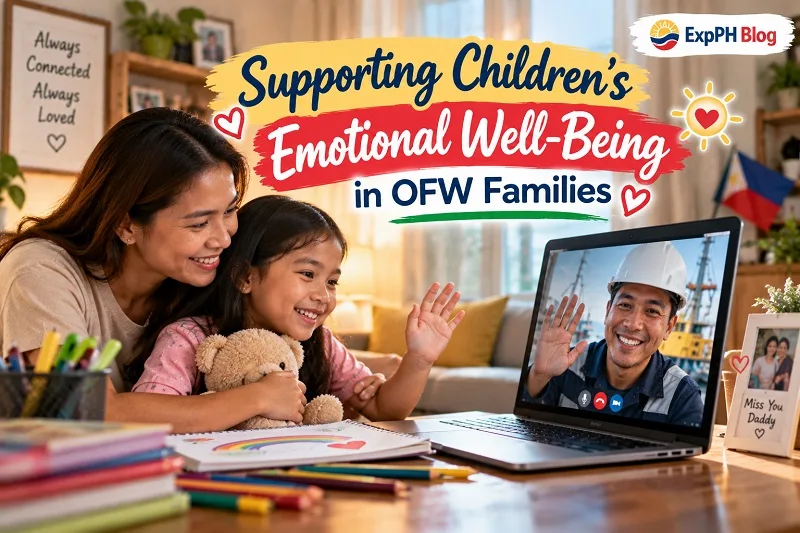 Filipino mother and daughter smiling during a video call with their OFW father, showing emotional support and family connection across distances.