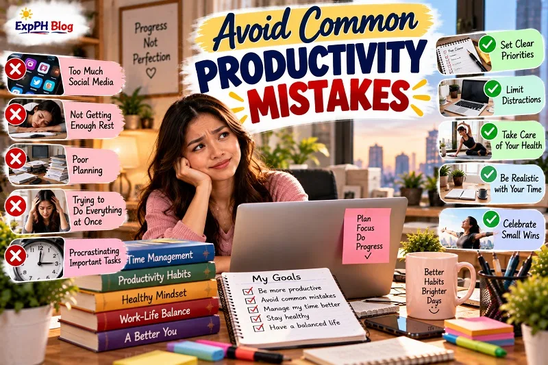Filipina professional reviewing her goals at a laptop, with visual reminders to avoid excessive social media, poor planning, multitasking and lack of rest while building healthier productivity habits.