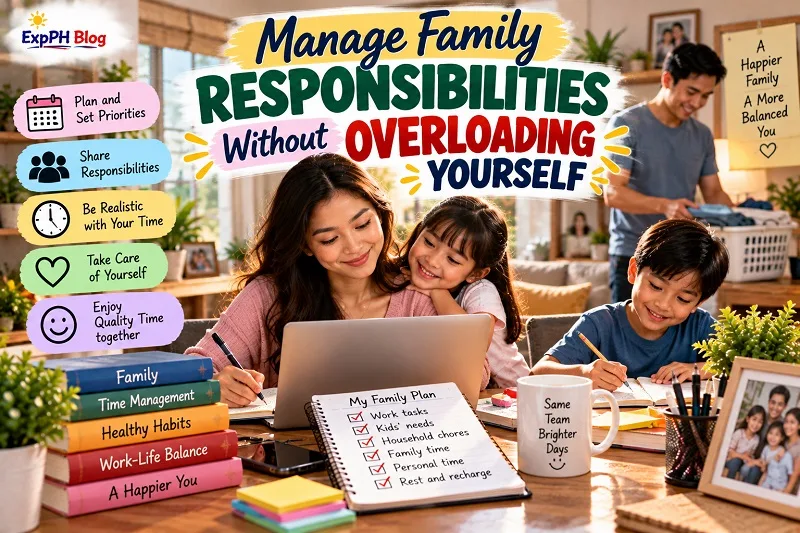 Filipino mother organizing family responsibilities on a laptop while her children study and their father handles household chores in a warm family home.