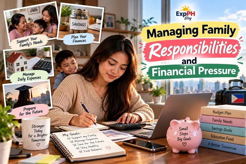 Filipina woman planning household finances at a desk with a calculator, budget notebook, savings jar, piggy bank, and family photos.