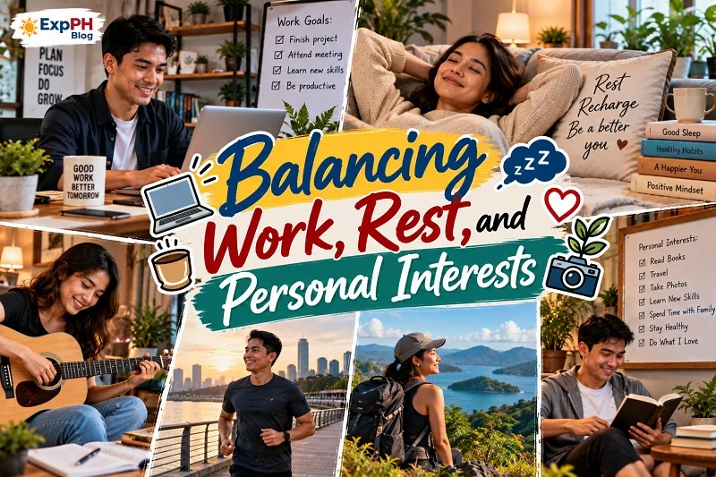 Balancing Work, Rest, and Personal Interests featuring Filipinos working on laptops, relaxing at home, playing guitar, exercising, traveling, and reading for ExpPH Blog.