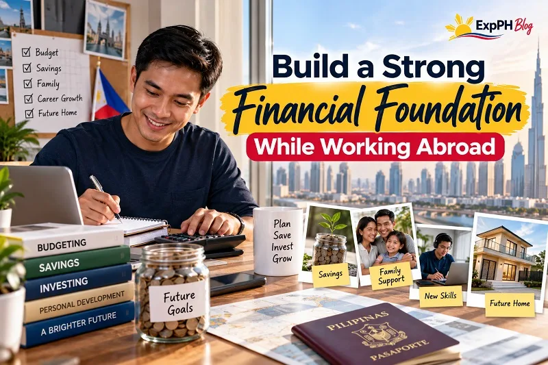 Build a Strong Financial Foundation While Working Abroad, featuring a Filipino OFW planning a budget, building savings, supporting family, developing skills, and preparing for a future home.