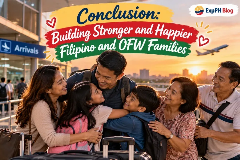 Filipino family joyfully welcoming an OFW loved one at the airport, celebrating reunion, family connection, and togetherness.