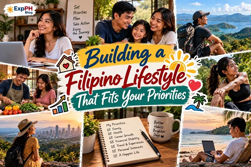 Building a Filipino Lifestyle That Fits Your Priorities featuring Filipino families, healthy routines, home cooking, outdoor activities, travel, and personal goal planning for ExpPH Blog.