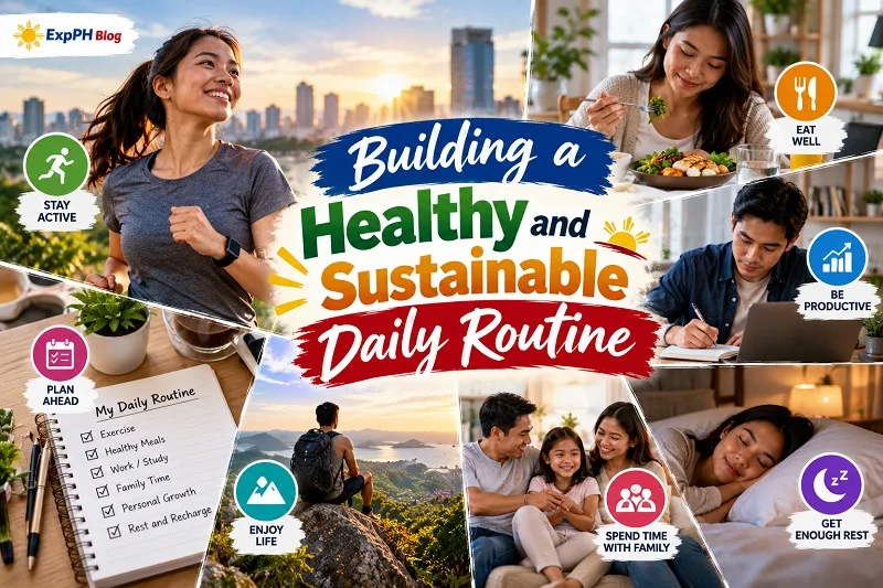 Filipino lifestyle collage showing exercise, healthy meals, daily planning, productivity, family time, and restful sleep.