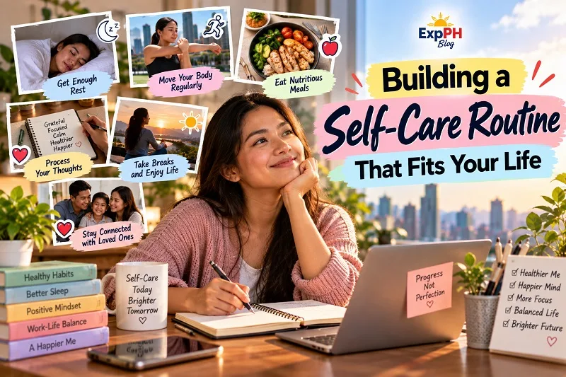 Filipina woman journaling at a desk with visual reminders of adequate sleep, regular exercise, nutritious meals, relaxation, reflection, and staying connected with loved ones.