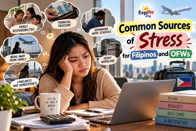 Stressed Filipina woman working at a laptop, surrounded by reminders of financial pressure, family responsibilities, heavy workloads, loneliness, and homesickness.