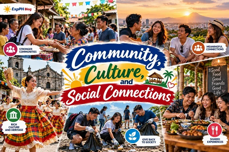 Filipino people celebrating cultural traditions, sharing meals, building friendships, and volunteering in their community.
