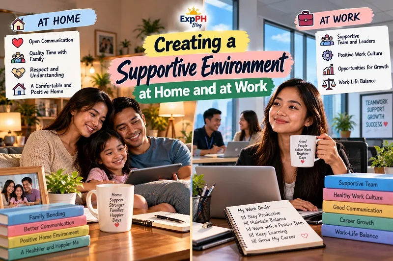 Filipino family spending quality time together at home alongside a Filipina professional working in a supportive office environment.