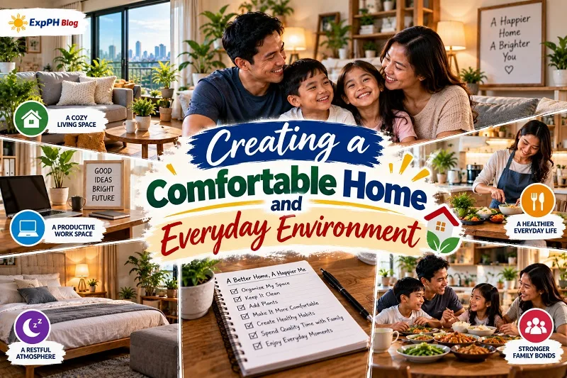 Filipino family enjoying a comfortable home with a cozy living room, healthy meals, organized workspace, and relaxing bedroom.